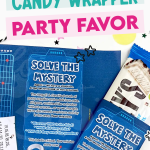 Mystery game favor candy wrapper Pinterest image.