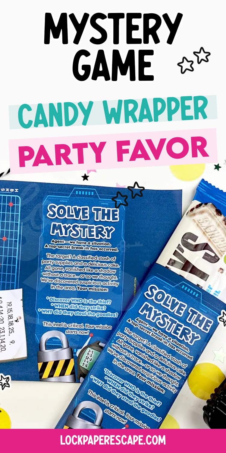 Mystery game favor candy wrapper Pinterest image.