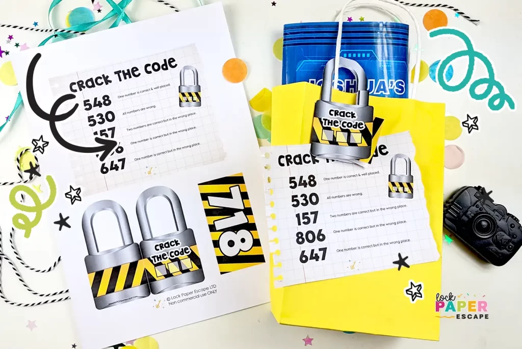 Yellow party bag with a paper lock attached around the handle and a printable that reads"crack the code".