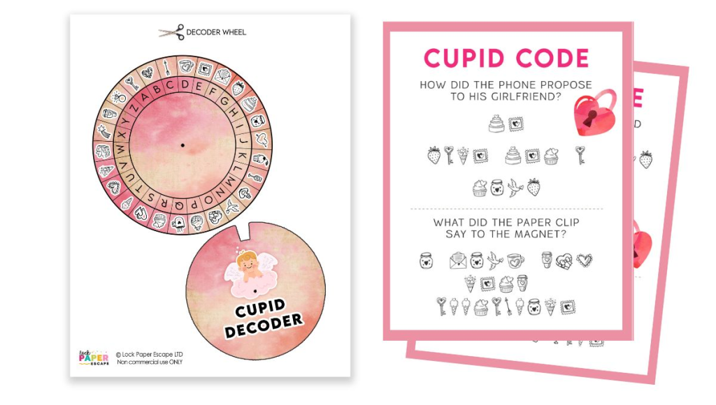 Cupid Decoder wheel and Cupid Code cards from a printable Valentine's Day activity.