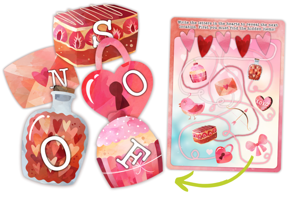 Valentine's day puzzle hunt clue pieces.