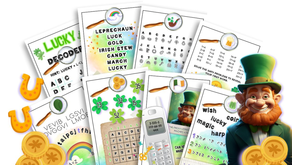 Pages of a printable St. Patrick's Day themed escape room game.