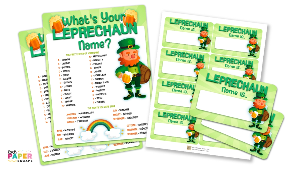 What's your leprechaun name printable game board and name tags.