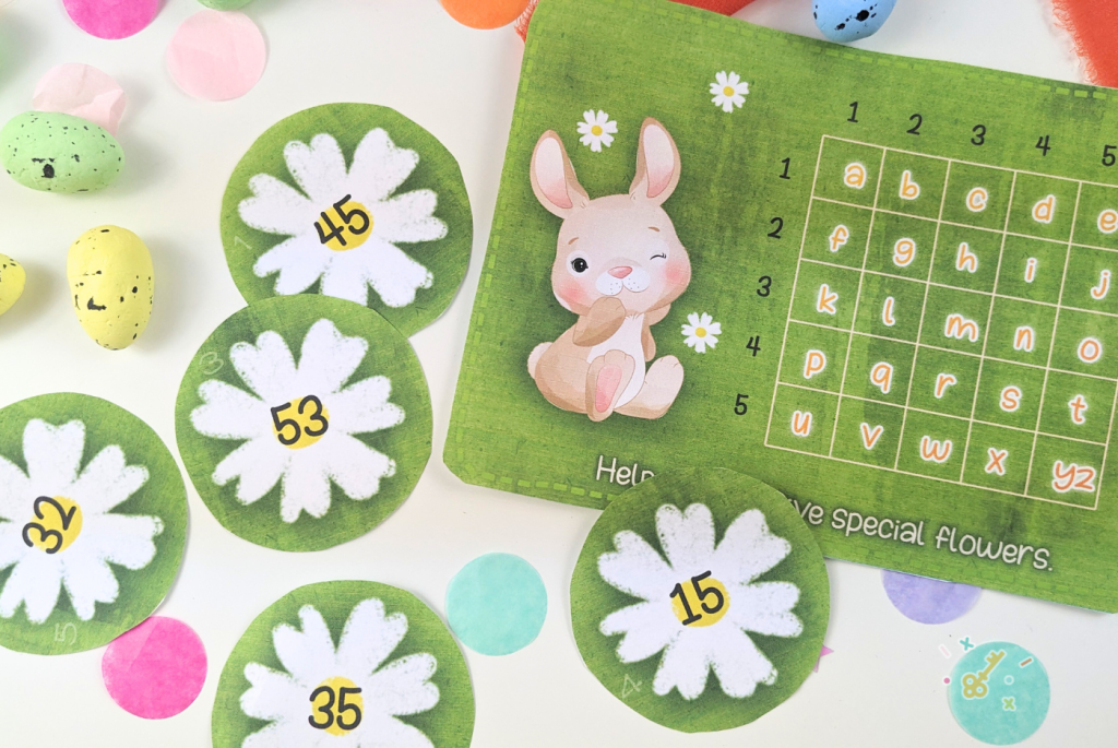 Cut out Easter treasure hunt clues. Daisies with numbers on them and a grid with a cute bunny detail.
