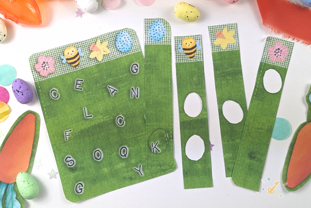 Simple jigsaw puzzle with cut out images to reveal letters underneath.