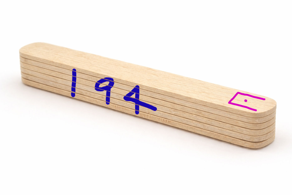 Popsicle sticks stacked on top of each other to reveal the number 194.