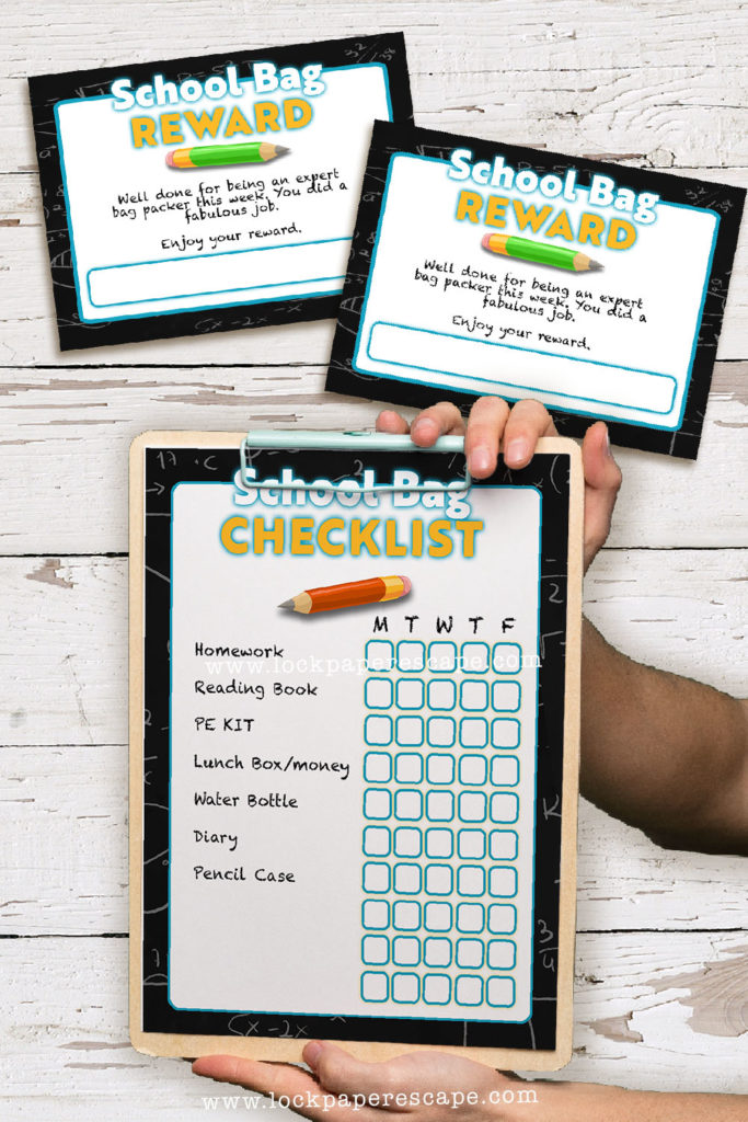 Back to school checklist. Bag tick sheet and reward card.