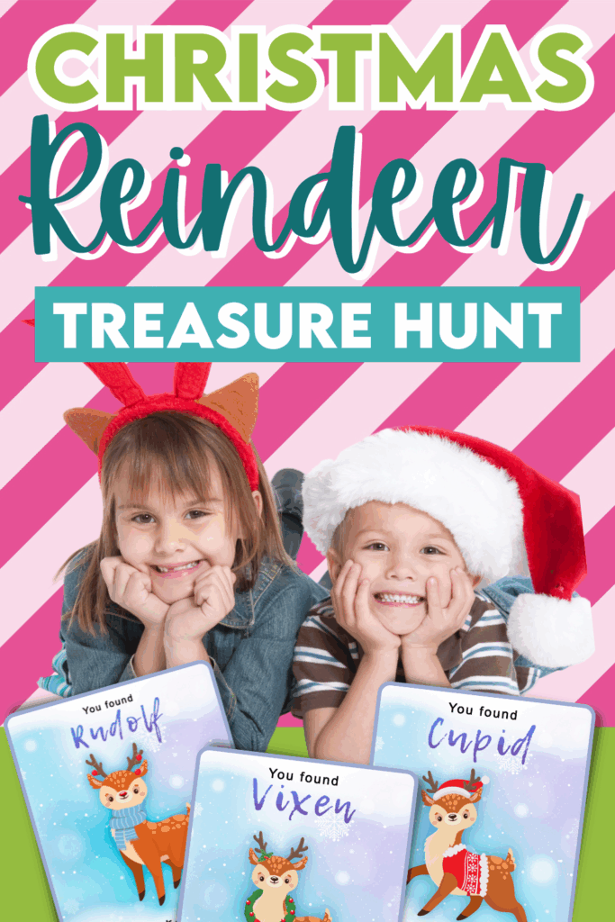 Christmas Reindeer treasure hunt with two kids wearing Christmas hats.