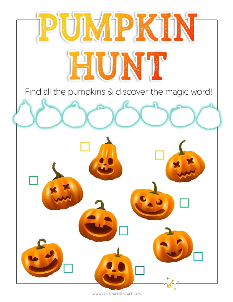 Free printable pumpkins scavenger hunt for kids.