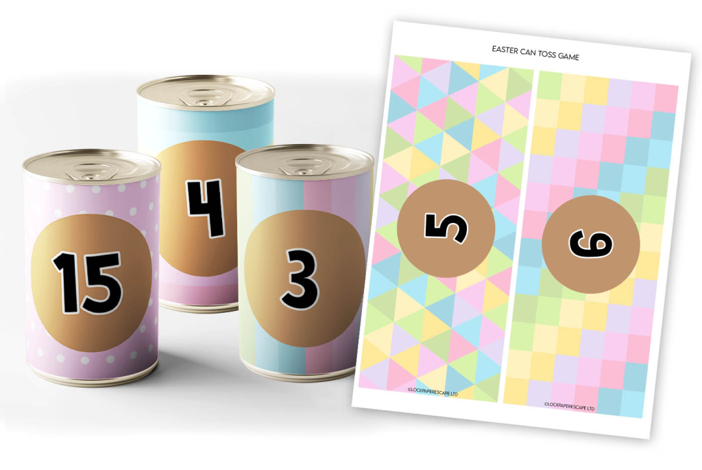 Three decorated tin cans with numbers on. Printable easter can toss sheet.