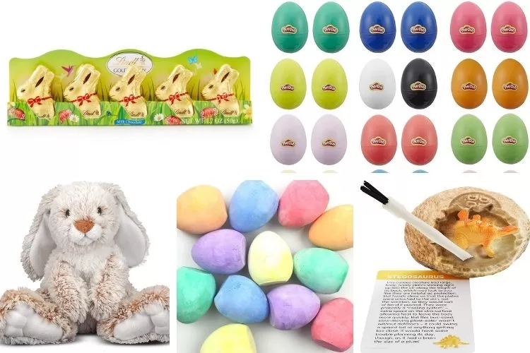 Easter themed party favours. Chocolate bunnies, stuffed toy and plydoh filled plastic eggs.