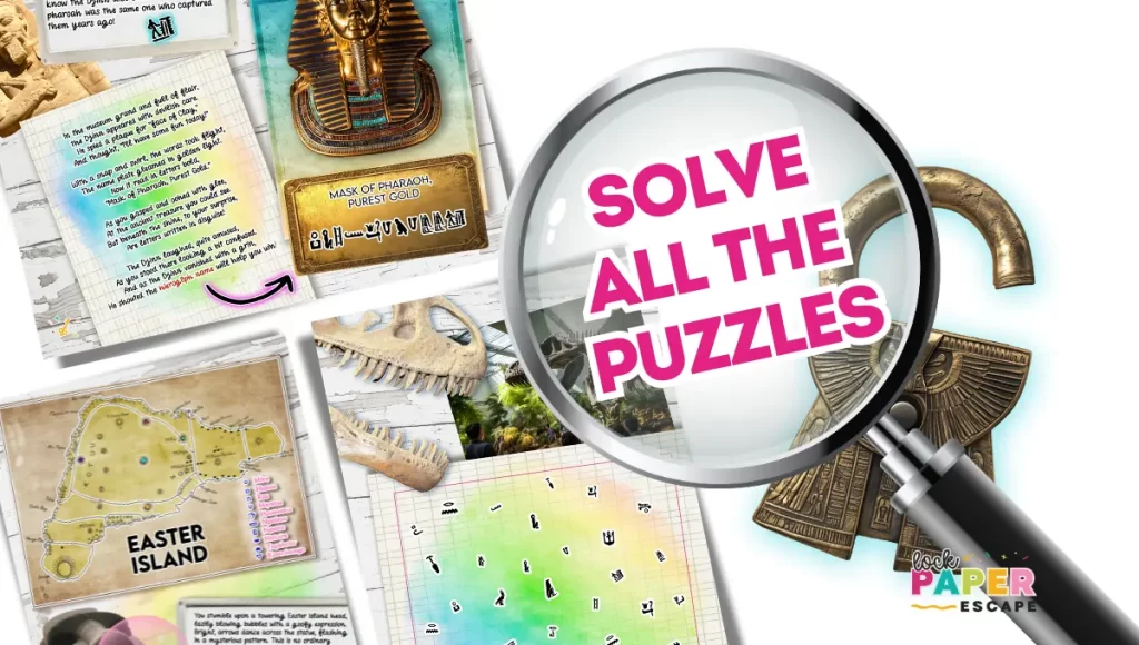 Magnifying glass looking at printable kids escape room puzzles.