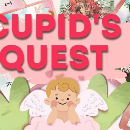 Cupids Quest title with a cute cupid floating on a cloud.