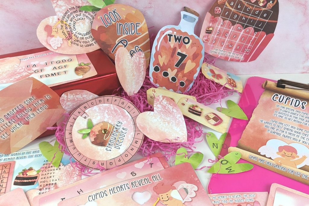 Printed puzzles pieces and clues, laid out on a table.