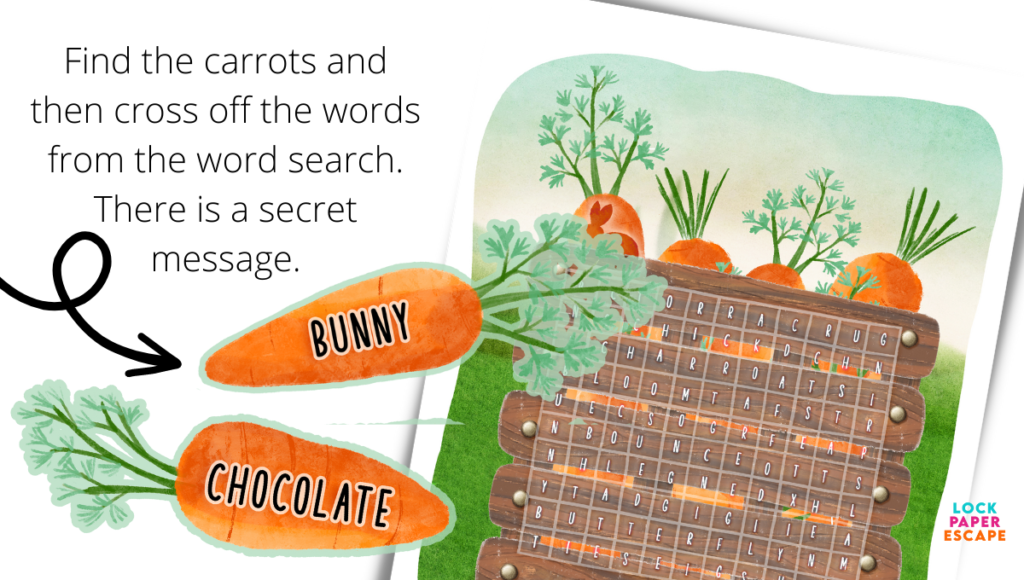 Kids Easter escape room carrot word search puzzle.