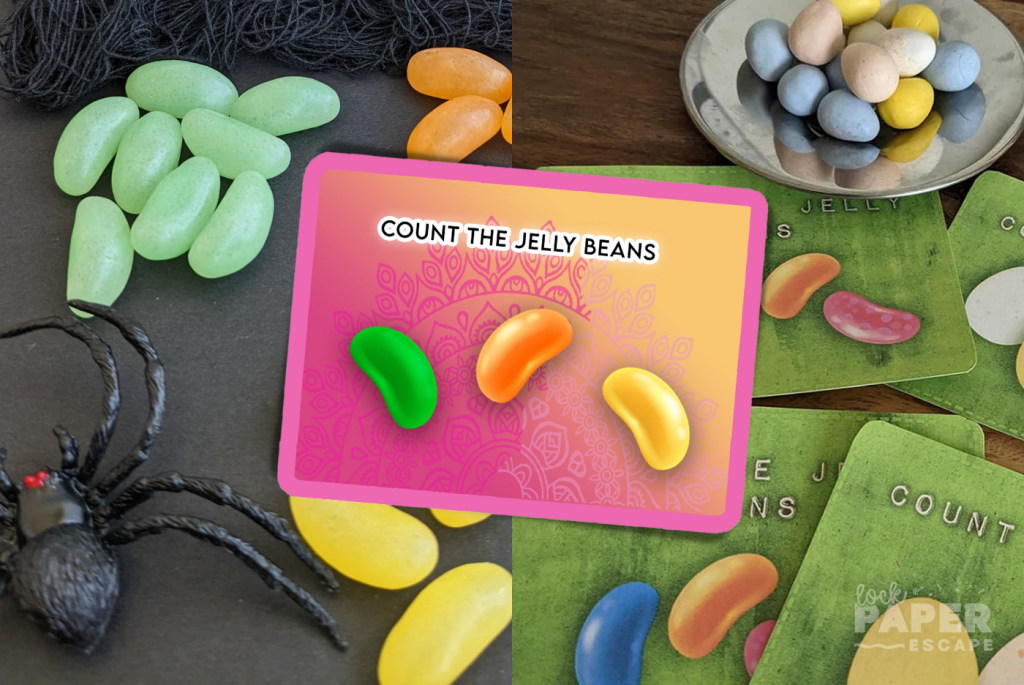 Jellybeans scattered around, and a card with "count the jelly beans" written on it.