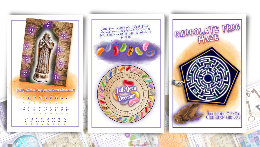 Three different printed out wizard-themed puzzle pages.