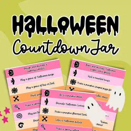 An example of printable included in a Halloween countdown jar, pink and ornage activity strips on a bright gree background with decorative friendly ghosts.
