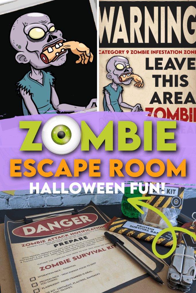 Promotional image with the title "zombie escape room" featuring cartoon images of zombies and eyeballs.