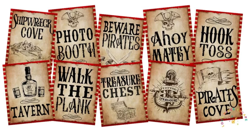 Vintage pirate posters with red stipe background