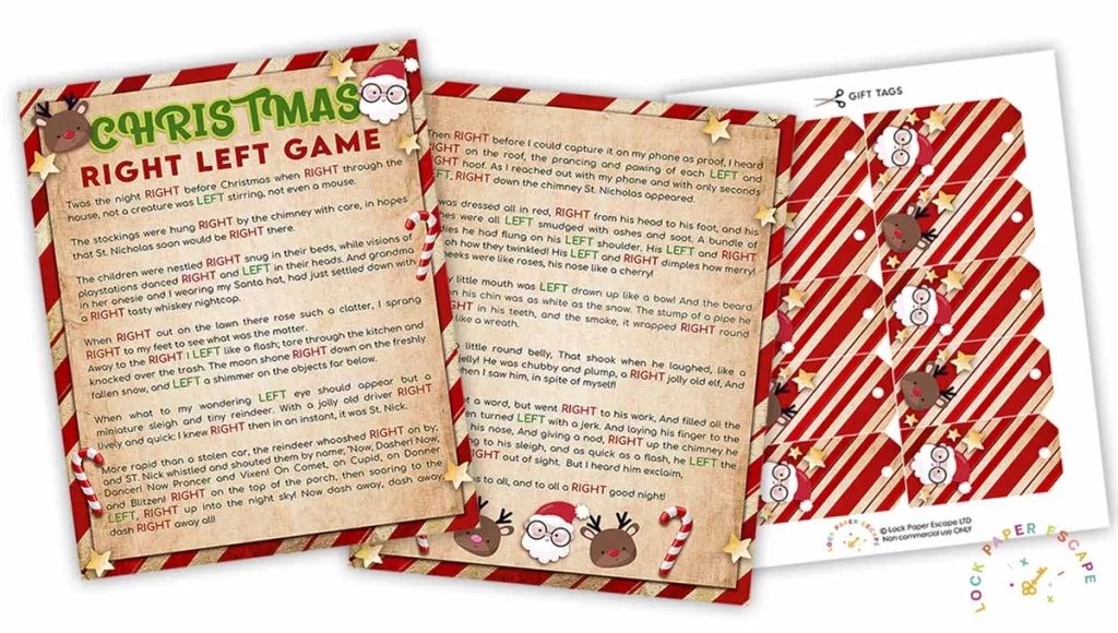 Christmas left right story printable with matching gift tags.