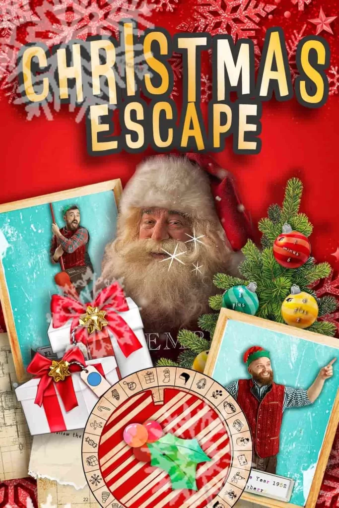 Pinterest image with details of a Christmas family escape room game.