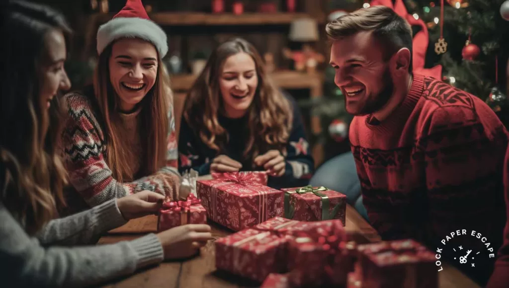 A group of friends doing a Christmas gift exchange.