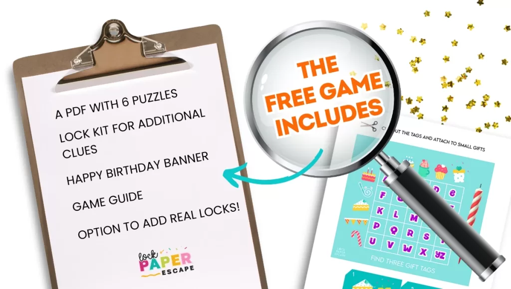 A list of items included in the free birthday escape room.