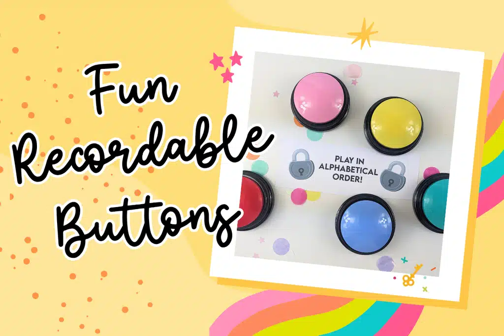 Colourful recordable buttons used to create an interactive DIY escape room puzzle, with a clue instructing players to press them in alphabetical order.