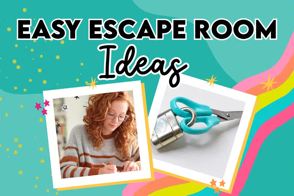 Easy escape room ideas for kids, featuring a person working on a puzzle and a pair of Tiffany blue scissors secured with a padlock.