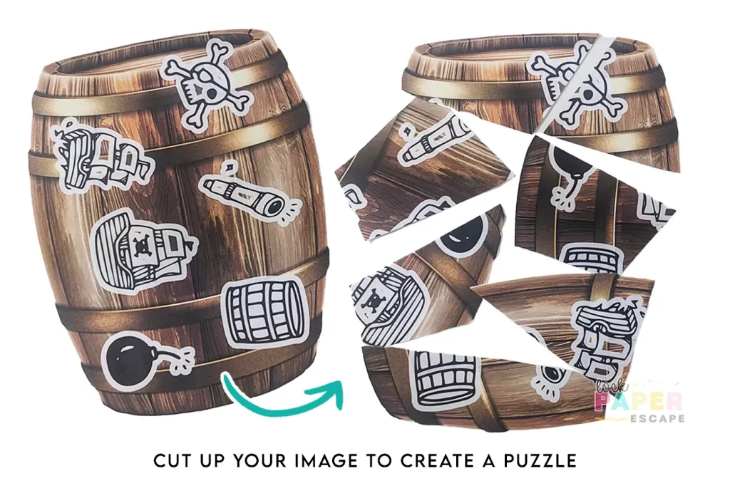 A picture of a barrel with pictures on it and an identical one that has been cut up to create a jigsaw puzzle.
