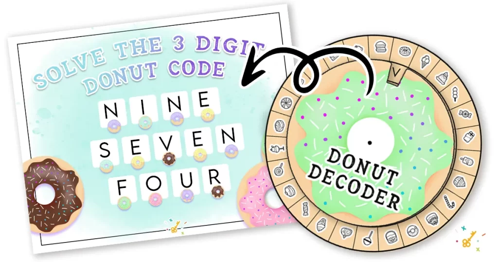 Three-digit donut code printable and donut decoder wheel used in the donut scavenger hunt.