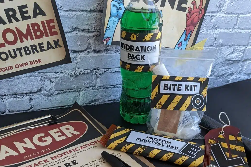Zombie escape room props, with a bit kit, hydration pack and danger poster.