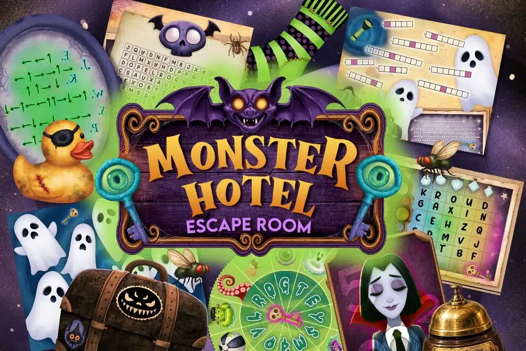 Monster hotel escape room themed sample puzzle images.