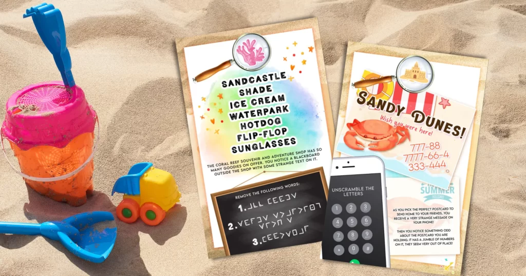 Summer themed escape room pages displayed on sand with a bucket and spade.