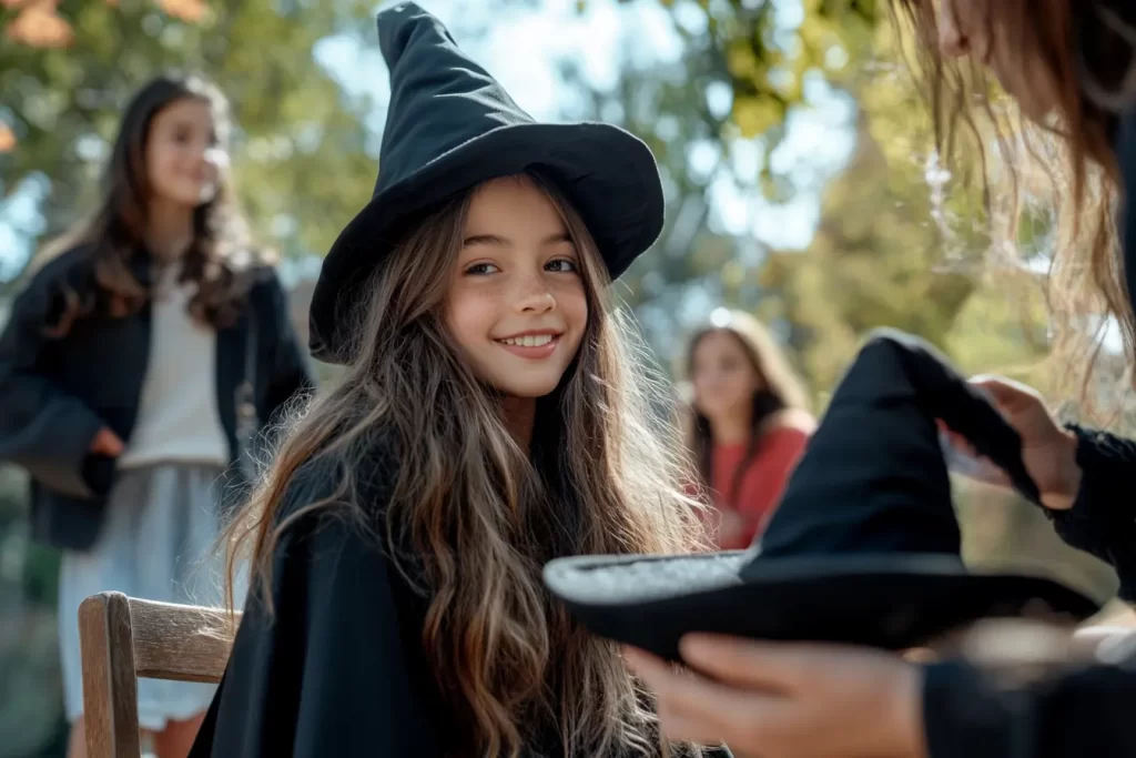 A girl waring a wizards outfit. She is sat on a chair waiting to be put into her wizards house.