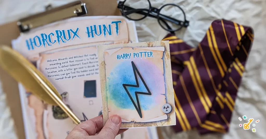 Horcrux scavenger hunt game: You will need a clipboard with game material, a feather pen, Harry Potter glasses, and a tie.