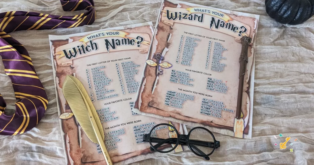 Wizard and Witch name printables, with a golden feather pen, wand and Harry Potter-style glasses.