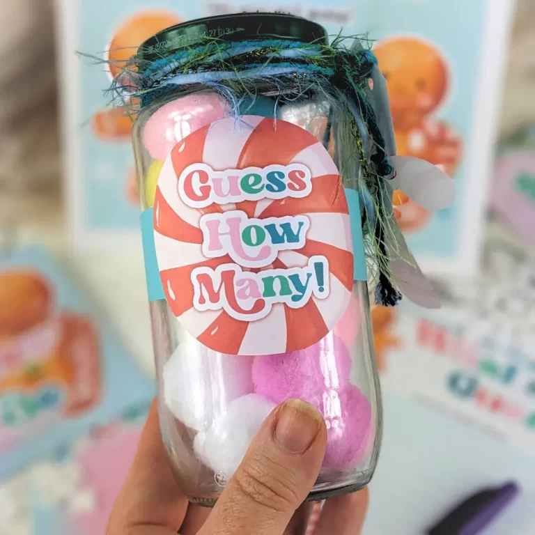 A jar decorated with a label that says guess how many.