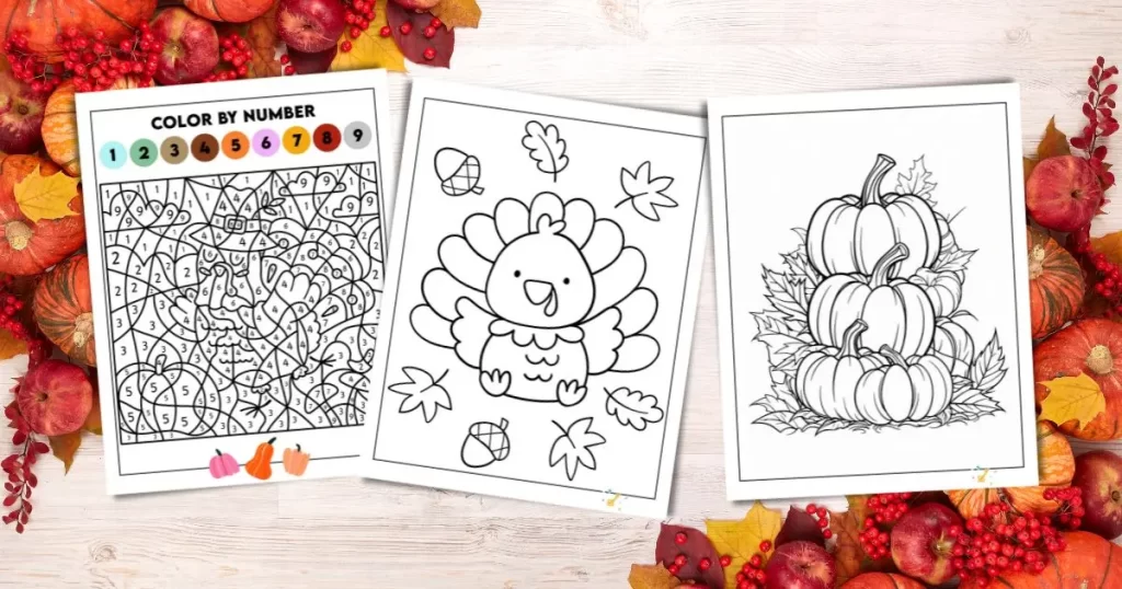 Set of three thanksgiving coloring pages.