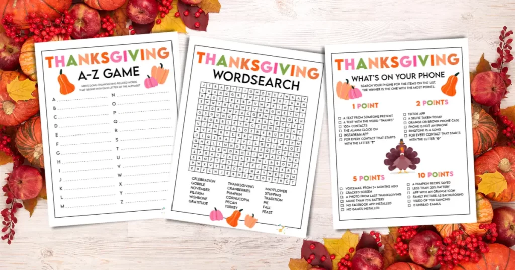 Set of three printable Thanksgiving party games.