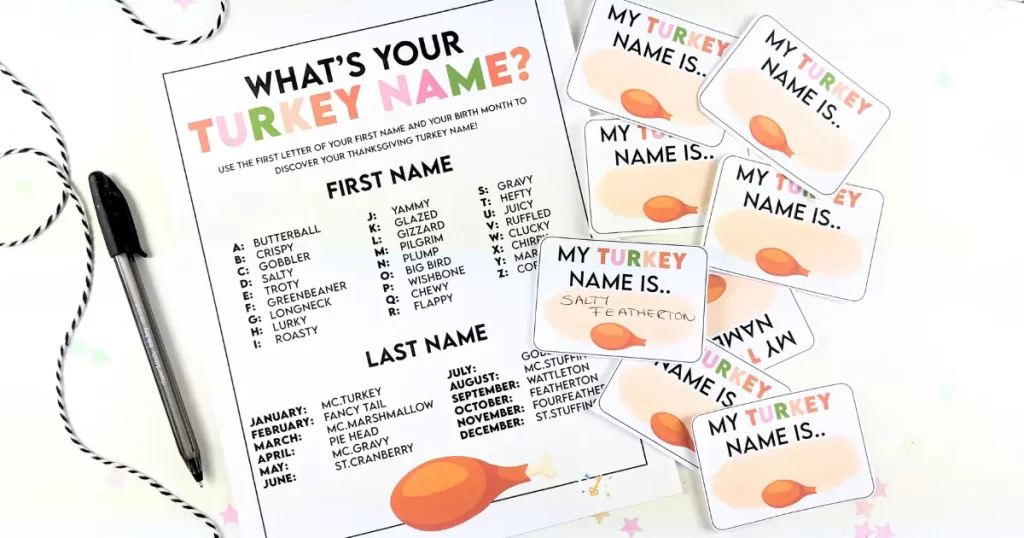 Thanksgiving what's you turkey name printable.