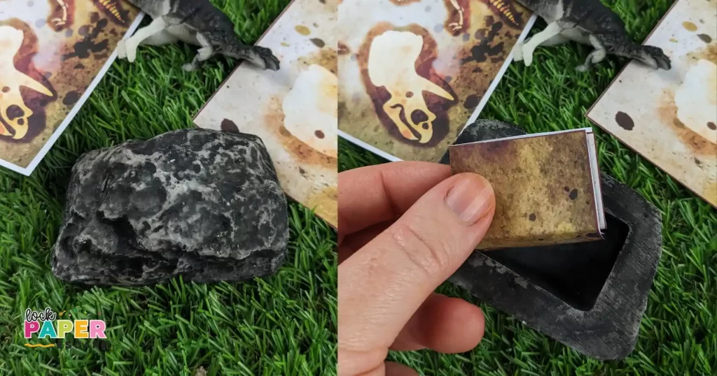 Hidden fossil card inside a fake rock.