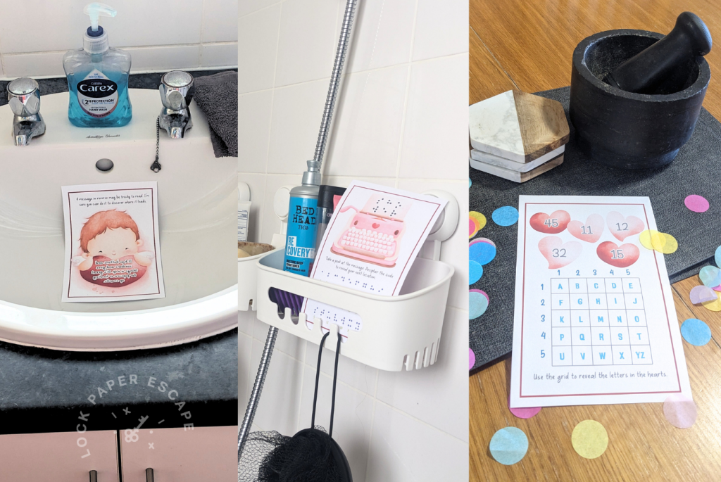 Examples of the treasure hunt clues placed in different locations.