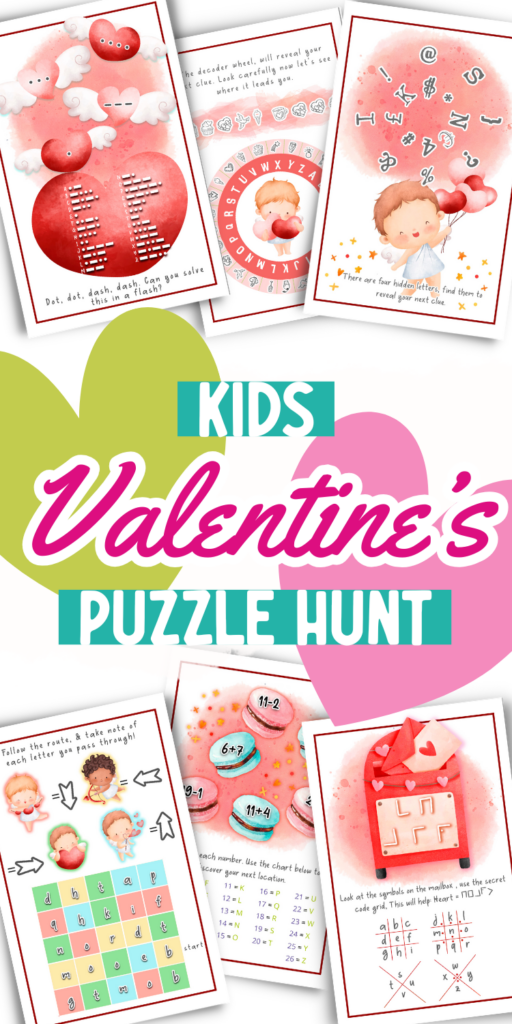 Pinterest image promoting a Valentine's day puzzle treasure hunt.