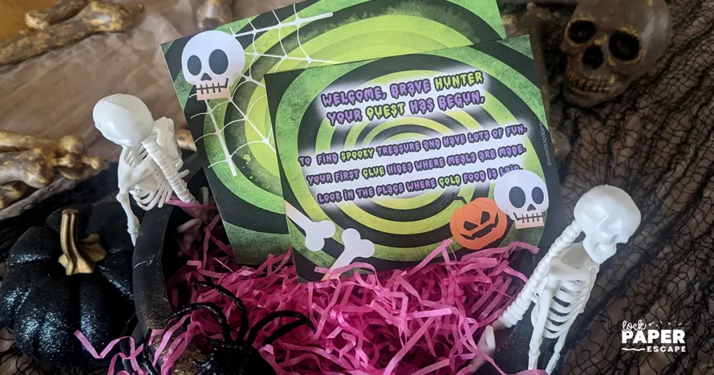 Free printable Halloween treasure hunt clues for kids – fun family Halloween game.