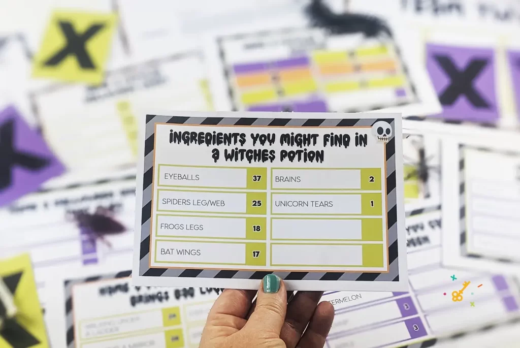 A hand holding a Halloween Family feud game sheet. It says ingredients you might find in a witches potion.