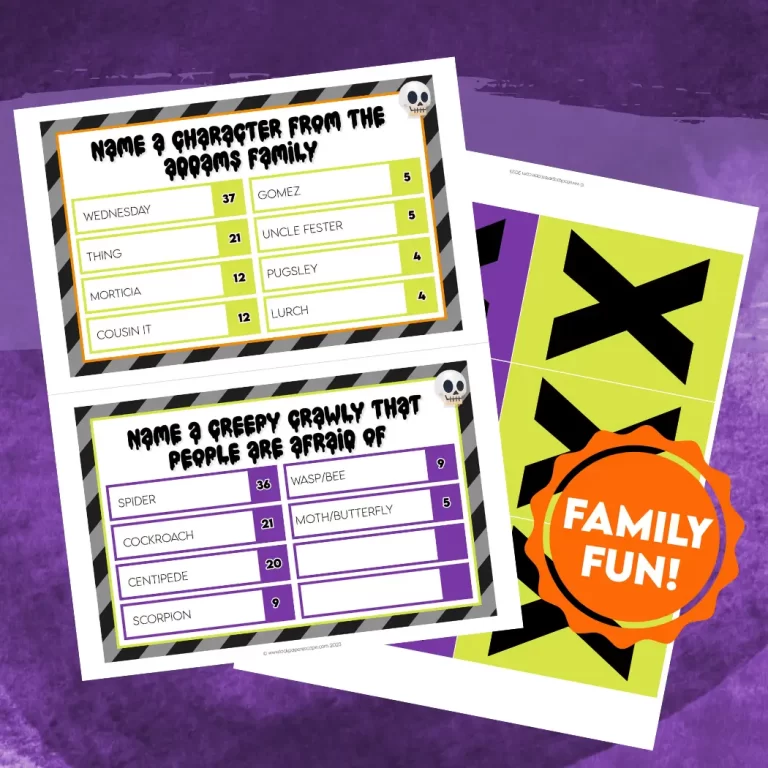 Two printed pages with Halloween Friendly feud questions on a purple background with a slogan "Family Fun".