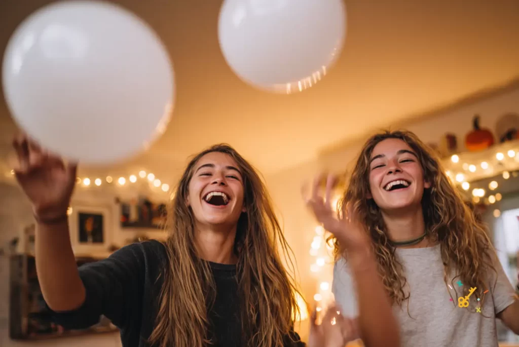 two teenage girls are keeping white ghost balloons afloat.