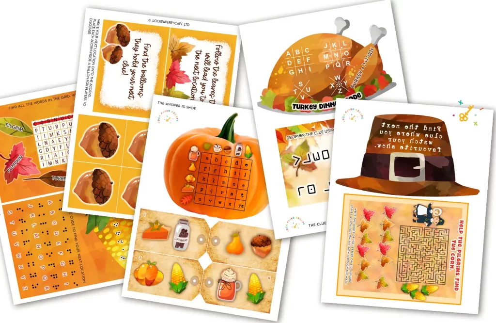 Examples of Thanksgiving printed puzzle pages. Featuring images such as a turkey, pumpkins, and a pilgrim's hat.